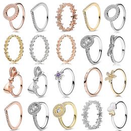 Joyas de diseño para mujer, plata brillante, anillos de dedo de oro rosa baratos, anillos apilables para mujer, regalos originales de joyería Pandora