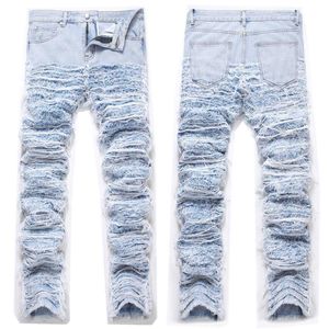 Pantalon ample empilé de styliste pour hommes, tendance, industrie lourde, avec pompon brodé, coupe en fourrure râpée, ourlet de barbe