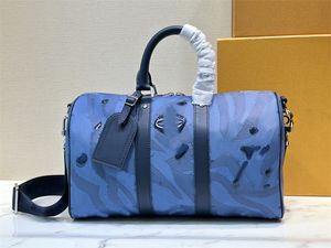 Diseñador Keepall 2 Way Bag M22573 Boston Keepall Crystal Azul oscuro Goteo Bolso Hombro Bolsa de viaje 7A Calidad SUPERIOR