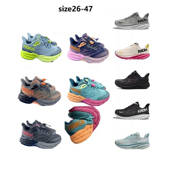 Designer Kid Hoka Clifton 9 Plus Speed Goat 5 Chaussures de course Hommes Femmes Triple Black Cyclamen Blanc Ice Water Peach Parfait Garçons Filles Sports Chaussures de plein air Taille 26-47