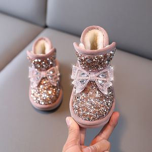 Bottes de créateur pour enfants, chaussures d'hiver à paillettes avec nœud, semelles antidérapantes chaudes en coton pour bébés filles