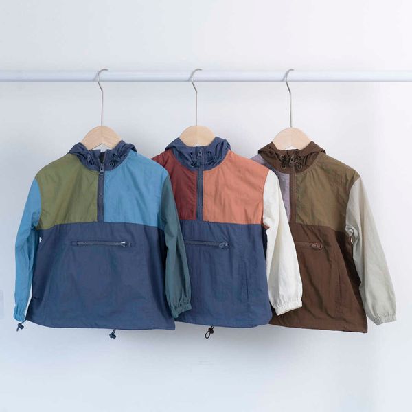 Chaqueta de diseñador para niños, abrigos de manga larga con capucha, logotipo de marca, ropa de diseño para niños, chaqueta de lluvia de bloque de color fino, tops para niños, niños, niñas, ropa de bebé de alta calidad