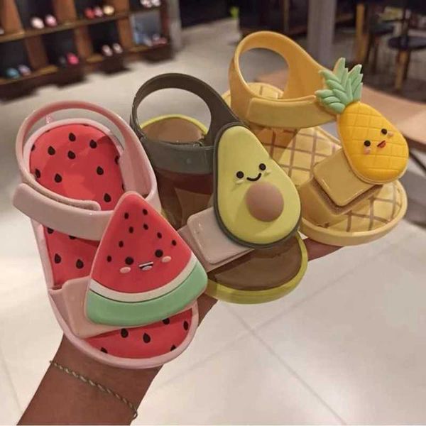 Diseñador para niños Minis Melissa Sandalias para niños Zapatos Fruta Dibujos animados Jalea Sandalias Aguacate Niñas niños bebé cristal Plumas Caucho rojo Sandalias Melissas Beach Shoe 23-29