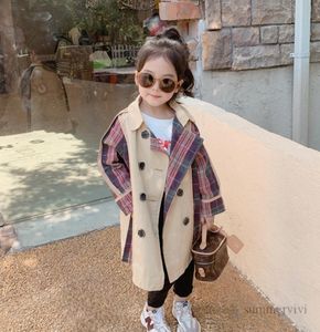 Designer Kids Trench Coats Girls Patchwork Color Plaid Princess Outwear Children Adpel Double Breasted Long Coat Q08257598374