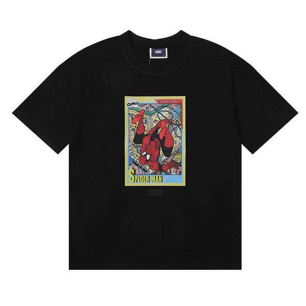Diseñador Kith para Spider Comic Spider Man estampado moda americana hombres y mujeres Casual algodón suelta camiseta de manga corta