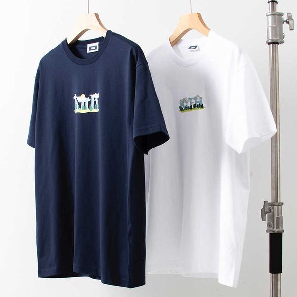 Diseñador Kith manga corta bosque azul cielo nube blanca camisa Casual impresa suelta hombres y mujeres Vintage cuello redondo Camiseta