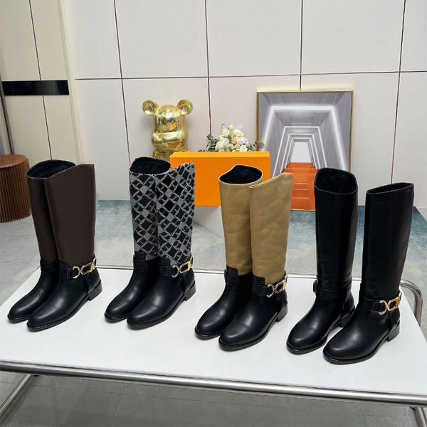 Diseñador Boot de rodilla Mujeres botas Boot de tobillo Classical Brown Botas largas Moda de cuero de invierno Botas de pierna recta Tacón grueso con tacón