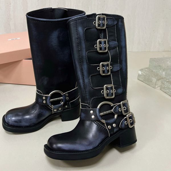 Bottes de chevalier de styliste avec boucle en métal, nouvelle plateforme à talon bloc, marron et noir, bottes aux genoux pour femmes