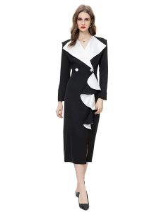 Designer dames lente hoge kwaliteit mode feest zwarte ruches vintage elegante nachtclub catwalk mooie midi-jurk met lange mouwen