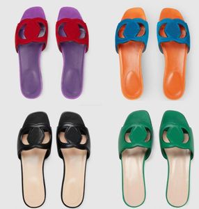Designer lady pop chausson plat Sandale en cuir Interlocking Cutout plat slide en cuir de veau Femme Pantoufles Cut-out Slides Sandal Sexy Flats Cut out Shoes