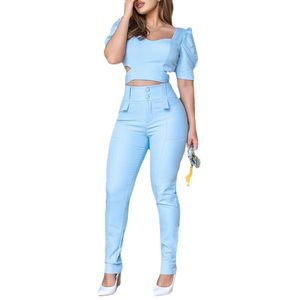 Designer Lady Two Piece Pants SNE0368 Zomer Solid Color Puff Mouwen met vierkante kraag Kleine beenbroek Sets Fashion Sets Women Trousers Suit