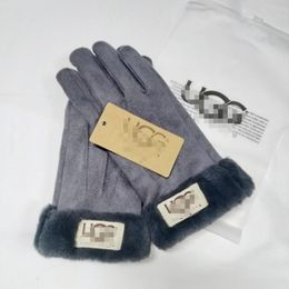 Guantes de cuero de diseñador con cinco dedos para mujer, guantes cortos de lana gruesa, guantes protectores simples y lisos a la moda Vintage A12