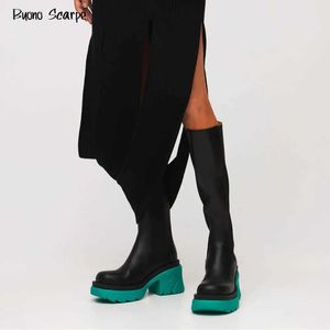 Plataforma de cuero de diseñador Botas Chelsea Tacones gruesos Botas hasta la rodilla Punta redonda Mujeres Botas altas Color caramelo Suela de goma Zapatos de calle H1009