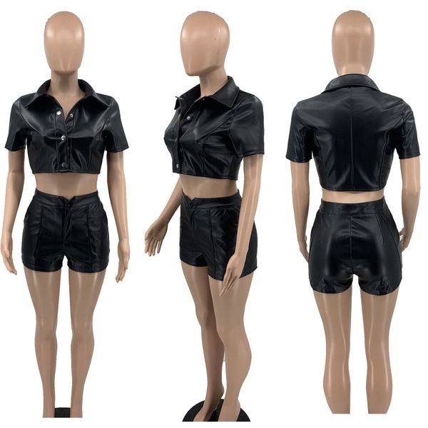 Designer Cuir Survêtements Été Femmes Deux Pièces Ensembles Tenues Chemise À Manches Courtes Crop Top Et Shorts Casual PU Sportswear Sweatsuits En Vrac Vêtements En Gros 9732