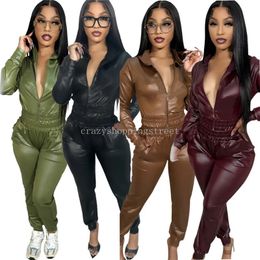 Designer de couro tracksuits mulheres outono inverno outfits dois conjuntos de 2 peças manga longa com capuz jaqueta e calças esportivas pu sweatsuits roupas por atacado