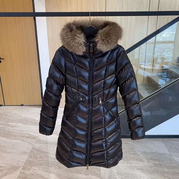 Diseñador Longitud Abajo Abrigo Ganso Abajo Slim Fit Espiga Patrón V Cuello de piel de zorro Abrigo con capucha Chaqueta mon negra Sudadera con capucha cálida para mujer Abrigo ParkerD626