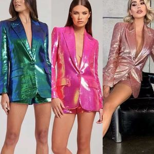 Designer Light Sequins Coat Jacket Jacket For Women Couleur solide Pocket à manches longues Veste de cou de profondeur Vintage Vintage Bureau Shorts Suit FZ2405272