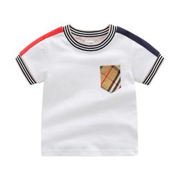 Diseñador niños pequeños bolsillo a cuadros camisetas niños pequeños raya cuello redondo manga corta Camisetas verano niños algodón casual tops Z7394