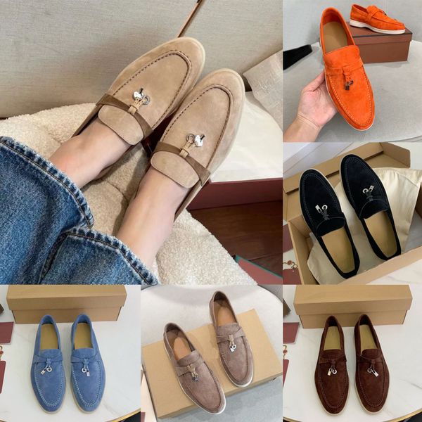 Diseñador Loro Pianas Mocasines Zapatos de vestir Low Top Gamuza Oxfords Zapatos casuales Borlas Slassic Hebilla Negro Marrón Cabeza redonda Pisos Mujeres Hombres Mocasines Zapatos de fábrica