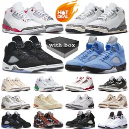 Met doos 3s 5s basketbalschoenen voor mannen dames 3 tovenaars vuur rood wit cement lucky green 5 unc oreo racer blauw zwarte metalen sporttrainers sneakers