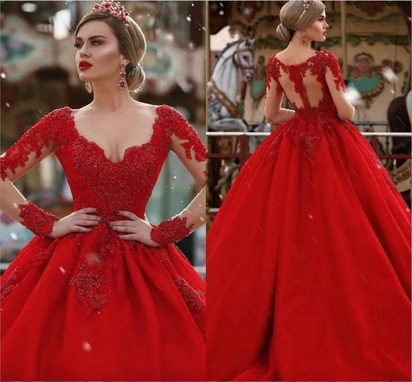 Designer longues robes rouges soirée porter une ligne col en V longues manches illusion illusion dos perlé formelle robe de bal robes de soirée