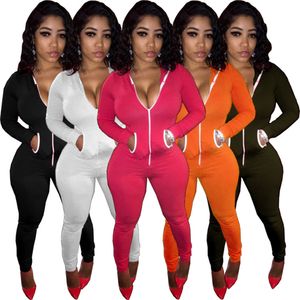 Diseñador de manga larga monos mujeres otoño invierno mamelucos con capucha sólido sexy bodycon monos casual de una pieza monos polainas a granel ropa al por mayor 10231