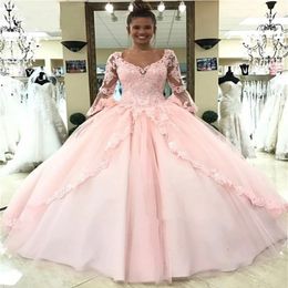 Designer Lange Mouwen Baljurk Quinceanera Jurken Trein Kant Applicaties Kralen Tule Prinses Verjaardagsfeestje Jurken Sweet 16 Jurk 245p