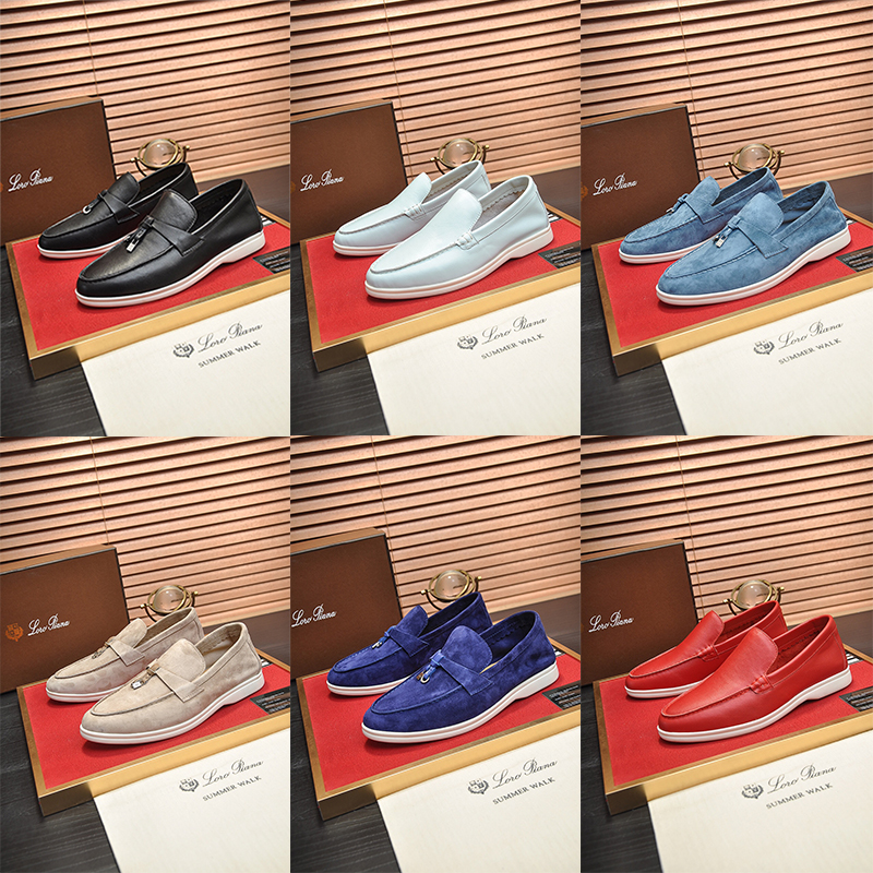 Designer Loro Piana Business Loafers Shoes Män Kvinnor Lyxig mocka läder Svartblå grå herrlädertränare Vita bottenskor