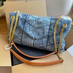 Diseñador Loulou Puffer Washed Denim Messenger Bag Francia Marca Mujeres V Hilo acolchado Bolso cruzado Lady Double Chain Straps S294q