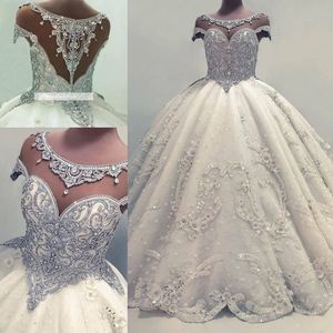 Diseñador Lujosos cristales con cuentas Vestido de fiesta árabe Vestidos de novia Mangas transparentes Rebordear Lentejuelas Puffy Vestidos de novia largos