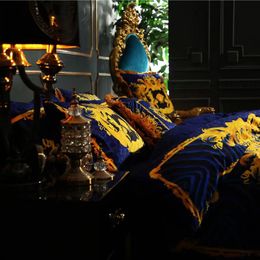 Diseñador de lujo 5 piezas Nevy Black Queen King Juegos de cama 100 algodón tejido Estilo europeo Funda de edredón Fundas de almohada Sábana Edredón Fundas de edredón conjunto