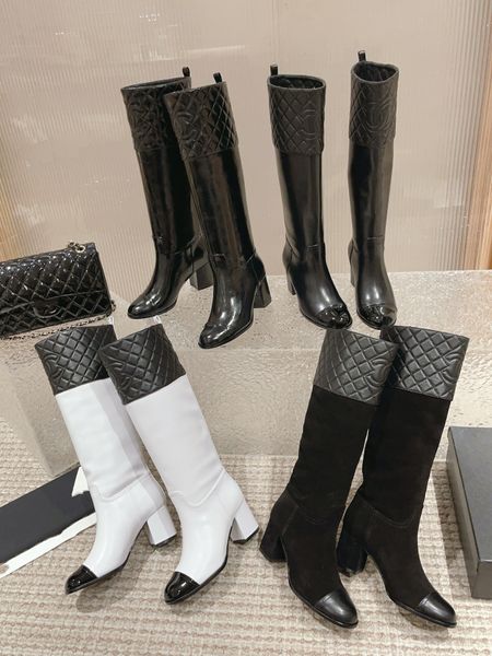 Bottines de luxe de styliste en cuir de coco classique, chaussures à talons épais, en daim de vache, bottes de moto matelassées, bottes de chevalier, cuissardes hautes, taille 35-40