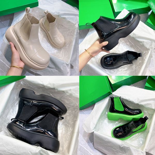 Botines de lujo de diseñador Moda Resbalón elástico en suela gruesa Barniz de laca Impermeable Cómodo para zapatos de mujer