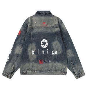 Designer Luxury Balencigas Classic Nouvelle veste en jean imprimée multi-éléments, coupe ample, unisexe