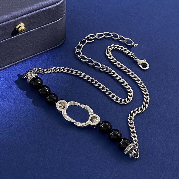 Diseñador Luxury Black Oil Collar Brand French Classic Double Letter Enlaid Rinestono Black Beads Cuba Link Chain Women Jewelry Jewellry Festival Festival