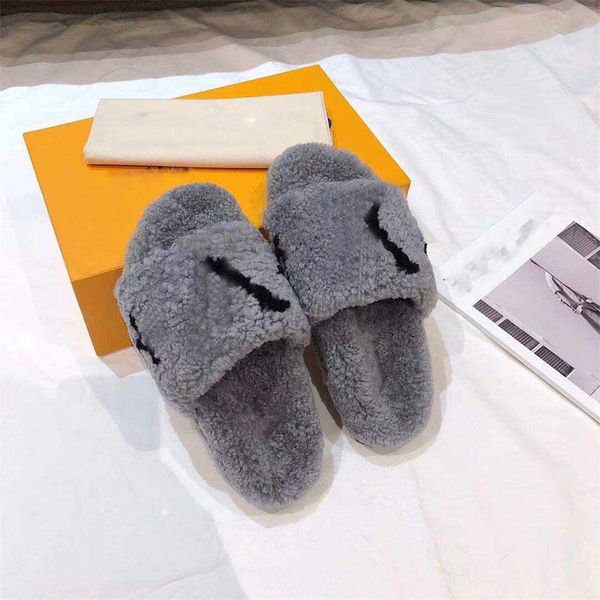 Designer de luxe Bom Dia Paso Fourrure d'agneau Shearling Gris Sandales plates Mules Rouge Dames Coton Pantoufle avec boîte