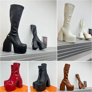 Designer Boot Luxe Dames Spice Zwarte Stretch Laarzen Mode Lederen Omtrek Stof Jade Stretch bovenmateriaal Hoge hak Platform laarsjes