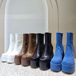Botas de lujo de diseñador para mujer, botas elásticas negras especiadas, tela de alta calidad, cuero de mezclilla elástico, tacón alto, plataforma con cremallera lateral, botines de tobillo