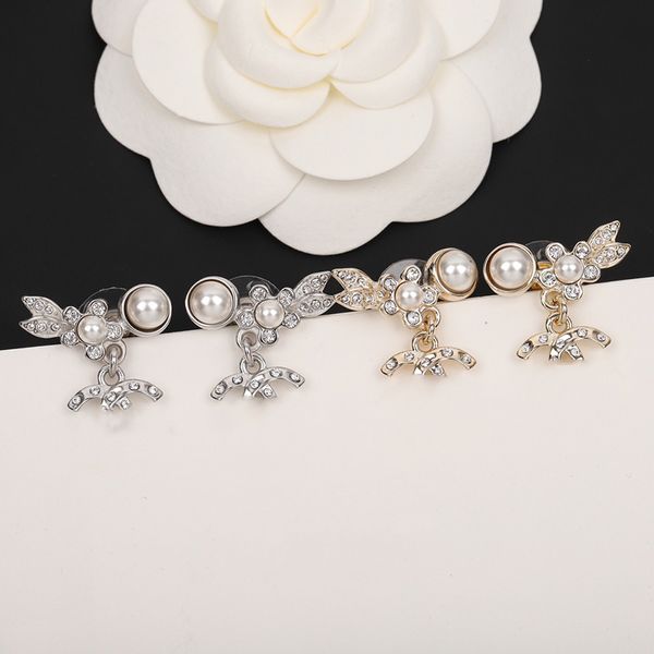 Boucles d'oreilles de luxe en laiton classique fleur feuille double lettre pendentif incrusté de cristal Swarovski perle femmes charme bijoux fille cadeau de mode exquis