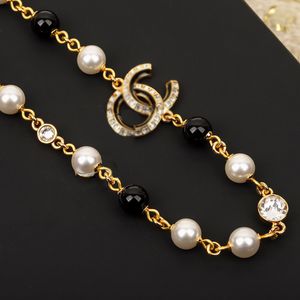 Collier de perles en laiton de luxe de luxe célèbre marque française classique double lettre émail noir incrusté de strass femmes charme bijoux fille cadeau de mode