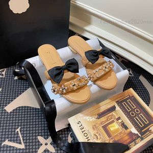 Designer Luxury Channel Classic Pantoufles Pearl Gemstone Series Chaussures plates Womens Ladies Sandal Dress Shoe Summer Mocassins Zapatos Brown