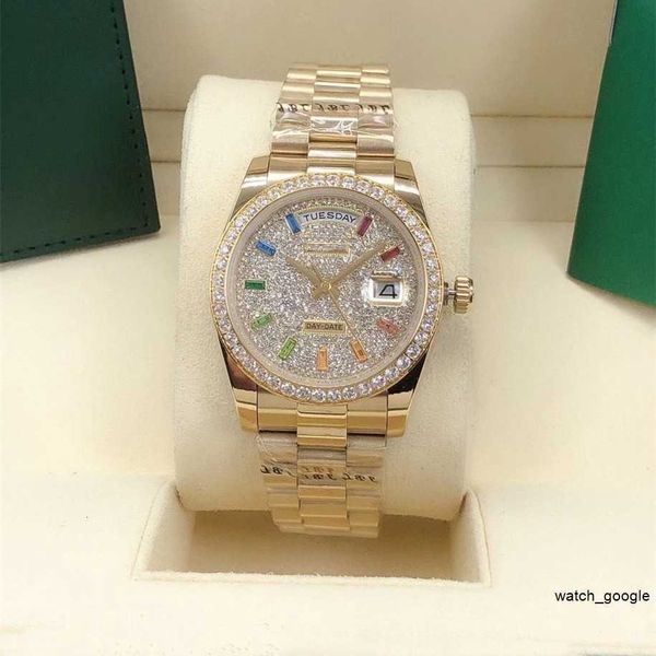 Montre automatique de luxe classique de luxe incrustée de diamants colorés taille 36mm verre saphir cadeau de Noël montres intelligentes