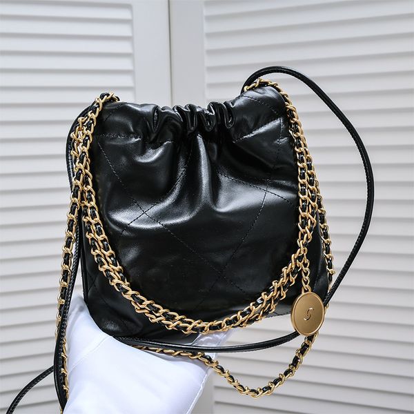 Bolso cruzado de lujo de diseñador Bolso de compras con cordón para mujer Mini bolso de basura de calidad de espejo Bolso de cubo Bolso de mano clásico vintage chapado en oro Bolso de cadena con caja