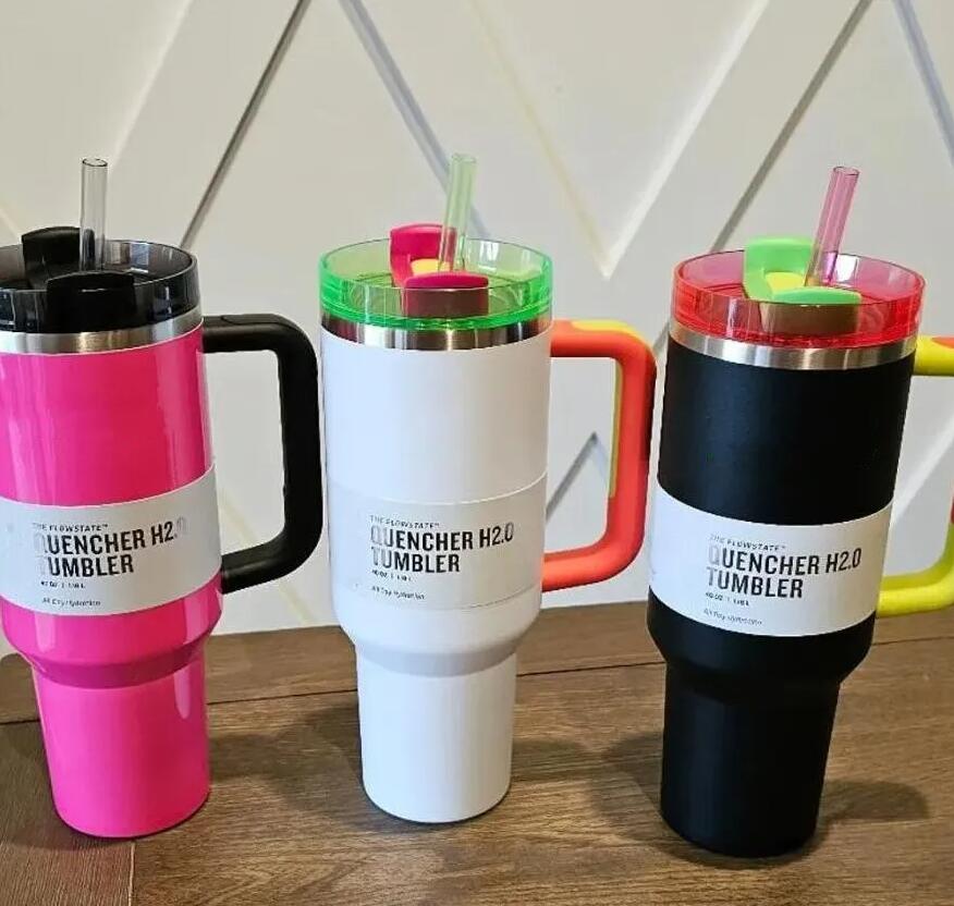 40oz Electric Neon White Black PINK Yellow Green Red Quencher H2.0 Tumblers 40 oz Cups with handle Lid and straw Travel Car Mugs Chocolate Gold Water Bottles 0516