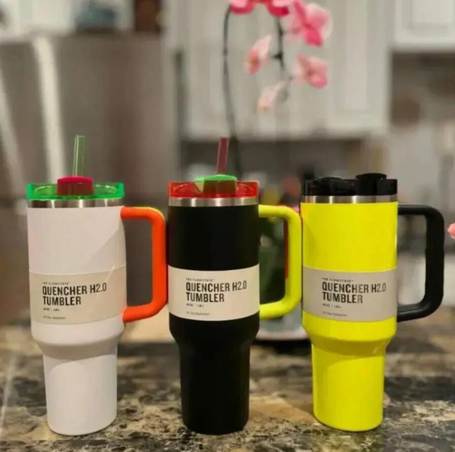 40oz Electric Neon White Black PINK Yellow Green Red Quencher H2.0 Tumblers 40 oz Cups with handle Lid and straw Travel Car Mugs Chocolate Gold Water Bottles 0516