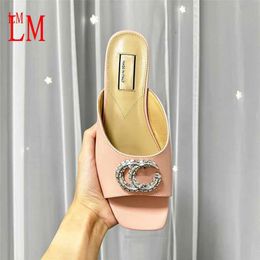 Designer Luxury Double G Slide brevet Sandale en cuir rose Ensemble de cristal en cristal de femme Slip de sandale Sandal Flip Flop Flat Slipper Slipper avec boîte