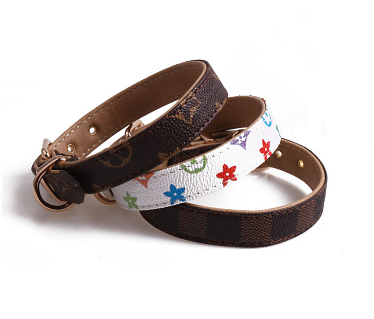 Dog Collars Classic Print Flower Designer Brown white blue orange Pet Leashes Indoor Outdoor Durable PU