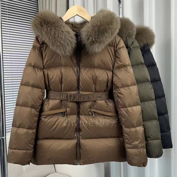 Designer veste de luxe hiver femmes doudounes manteaux de fourrure réel raton laveur courte doudoune col de cheveux parkas de mode chaude avec ceinture dame