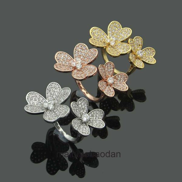 Anneau de bijoux de luxe de créateur Vancllf Asian Gold Double Flower Clover Full Diamond Open Womens Set