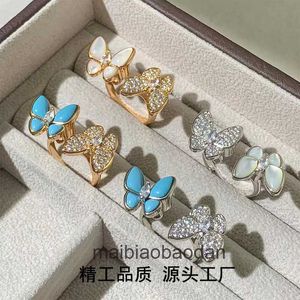 Ontwerper Luxe sieraden Ring Vancllf Fanjia V Gold High Ding Butterfly White Fritillaria Dubbel volle diamantblauw turquoise mode precisie editie